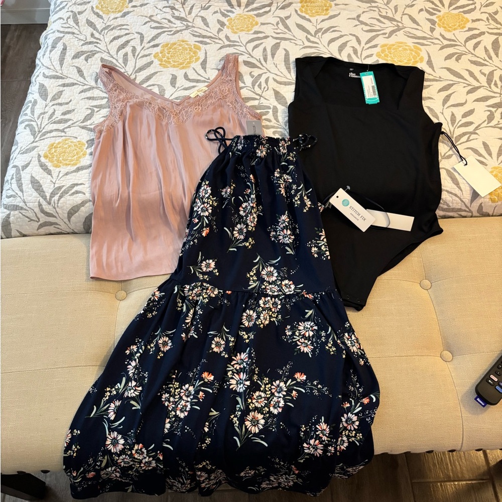 Stitch Fix Bundle: Floral Dress with Pink and Black Tops